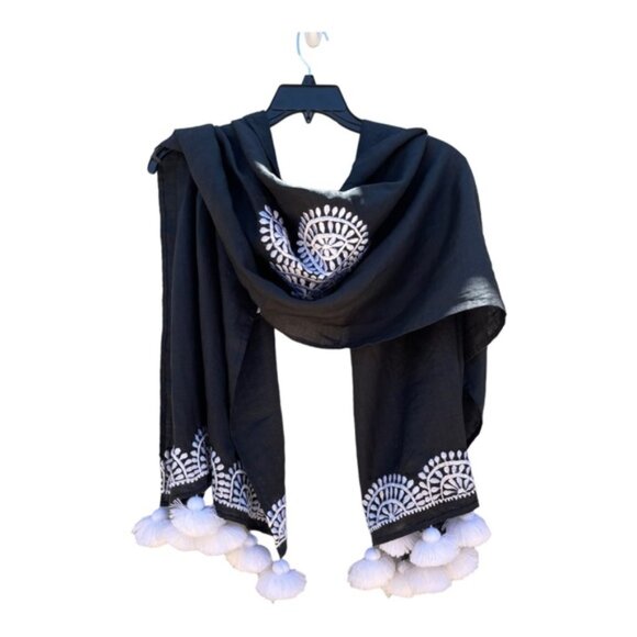 Black & White Embroidered Linen Blend Wrap/Shawl with Fringe Pom Pom's - Picture 12 of 12